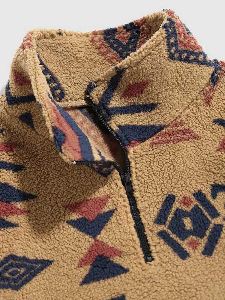 ZUL Mens Hoodie Matte Synthetic Sherpa Zipper Sweatshirt Ethnic Print Fluffy T-shirt Autumn and Winter Turtle Collar Hoodie W241108