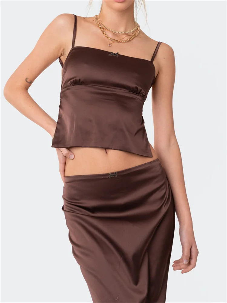 CHRONSTYLE Satin 2 Piece Set Women Suits Retro Sleeveless Strap Backless Tieup Camis Tank Low Waist Back Split Long Skirts 2023 240403
