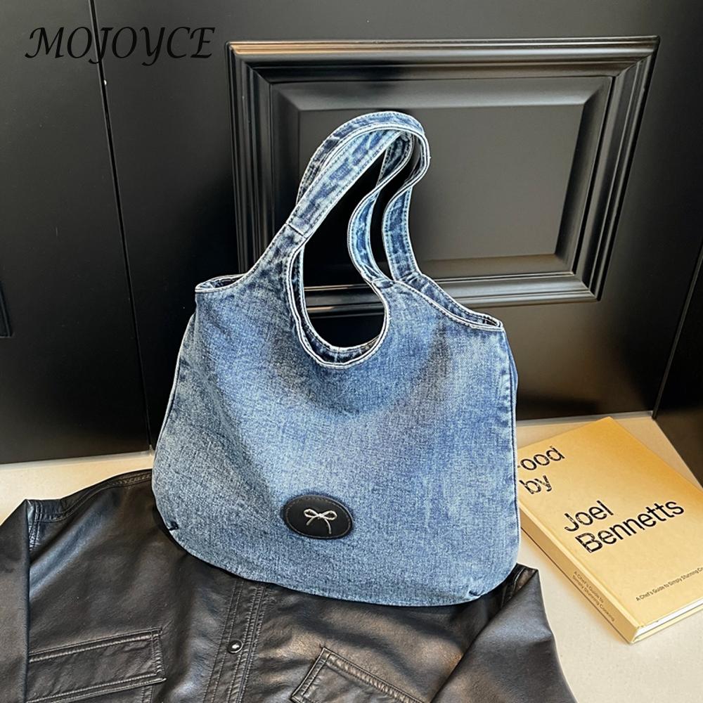 Women Denim Tote Bag Zipper Shoulder Bag Large Capacity Underarm Bag Handbag for Work Commuting