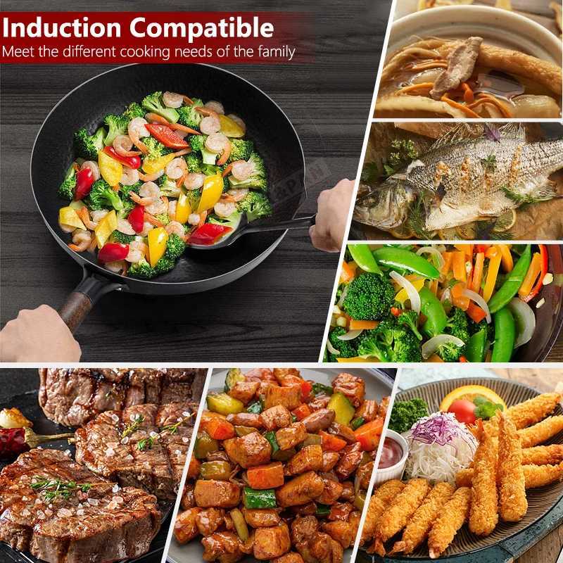 Pans Carbon steel Wok pot 32cm wooden frying pan with wooden lid uncoated flat bottom Chinese induction electric potL2403