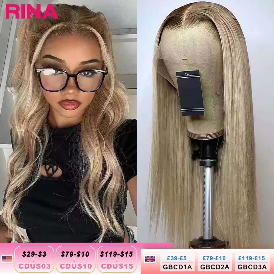 Brown Root Ash Straight 13X4 13X6 Frontal Human Hair Wigs Transparent 180 Density Ombre Blonde 5X5 Lace Closure