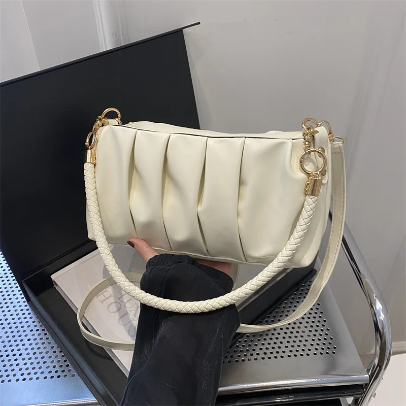 New Fashion Fold Single Armpit Pu Messenger Bag Pure Color PU Ladies Shoulder Bag Thread Large Capacity Crossbody Zipper Bag