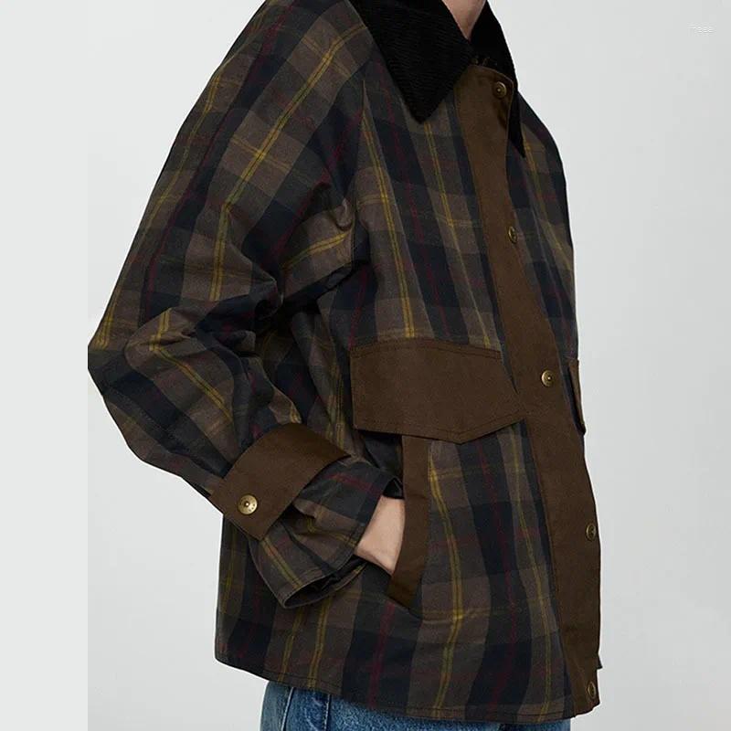 Women's Jackets Plaid Polo Neck Jacket Women Long Sleeved Splicing Corduroy Lapel Zipper Street Trends Autumn Retro Coat American Fashion