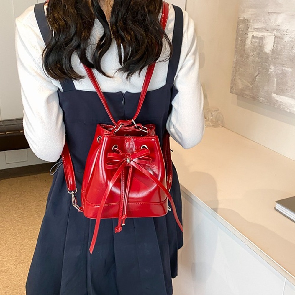 Portable Preppy PU Bowknot Backpack Solid Color Large Capacity Students Backpack Casual Sweet Shoulder Bag Unisex