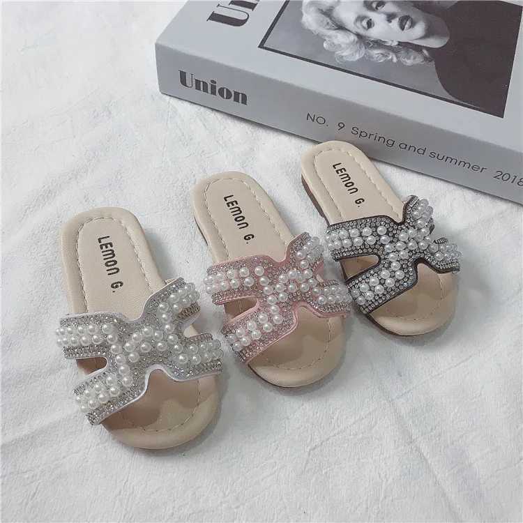Slipper Cheap Fashion Kids Girls Slippers Summer Shoes H Pearls Crystal Princess Sandals Slippers Home Outdoor Children Girl Slides 2448