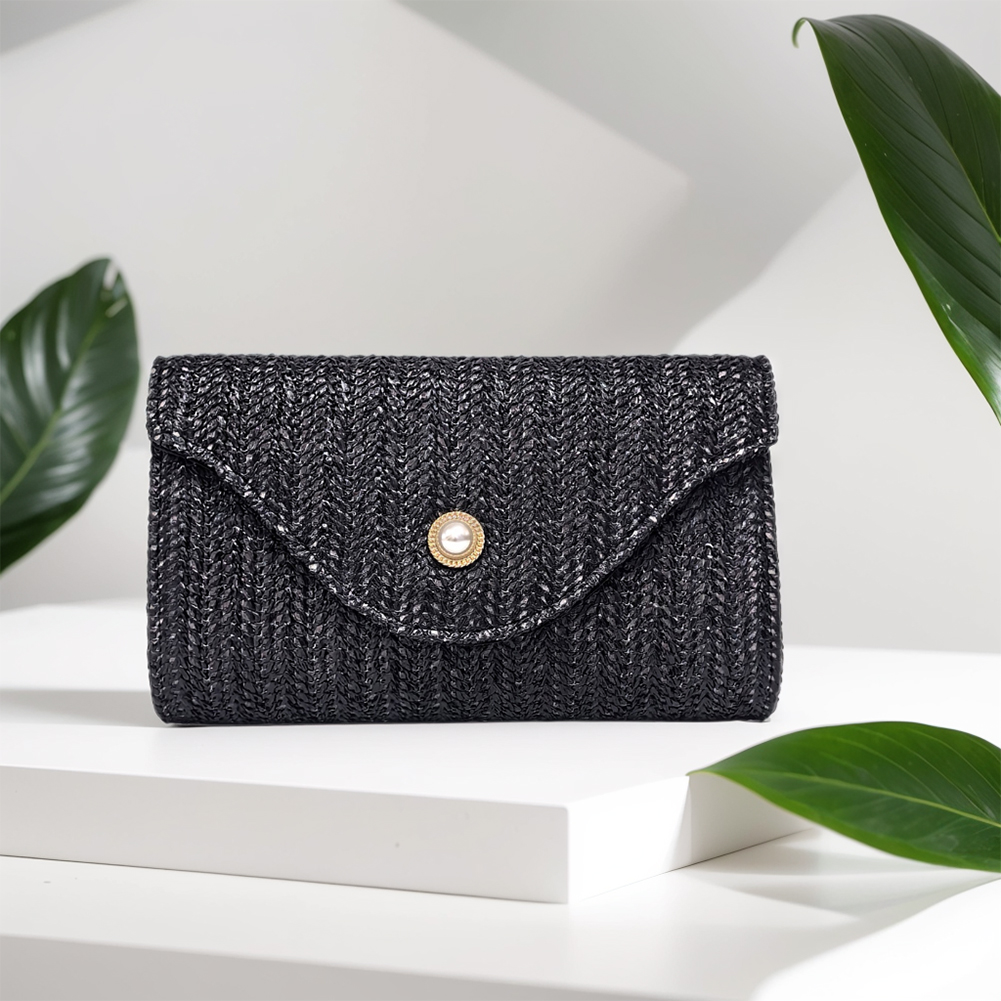 Women Straw Woven Bag Woven Envelope Shoulder Bag Chain Strap Stylish Crossbody Bag Pearl Decor Chic Hobo Bag Party Vacation Bag