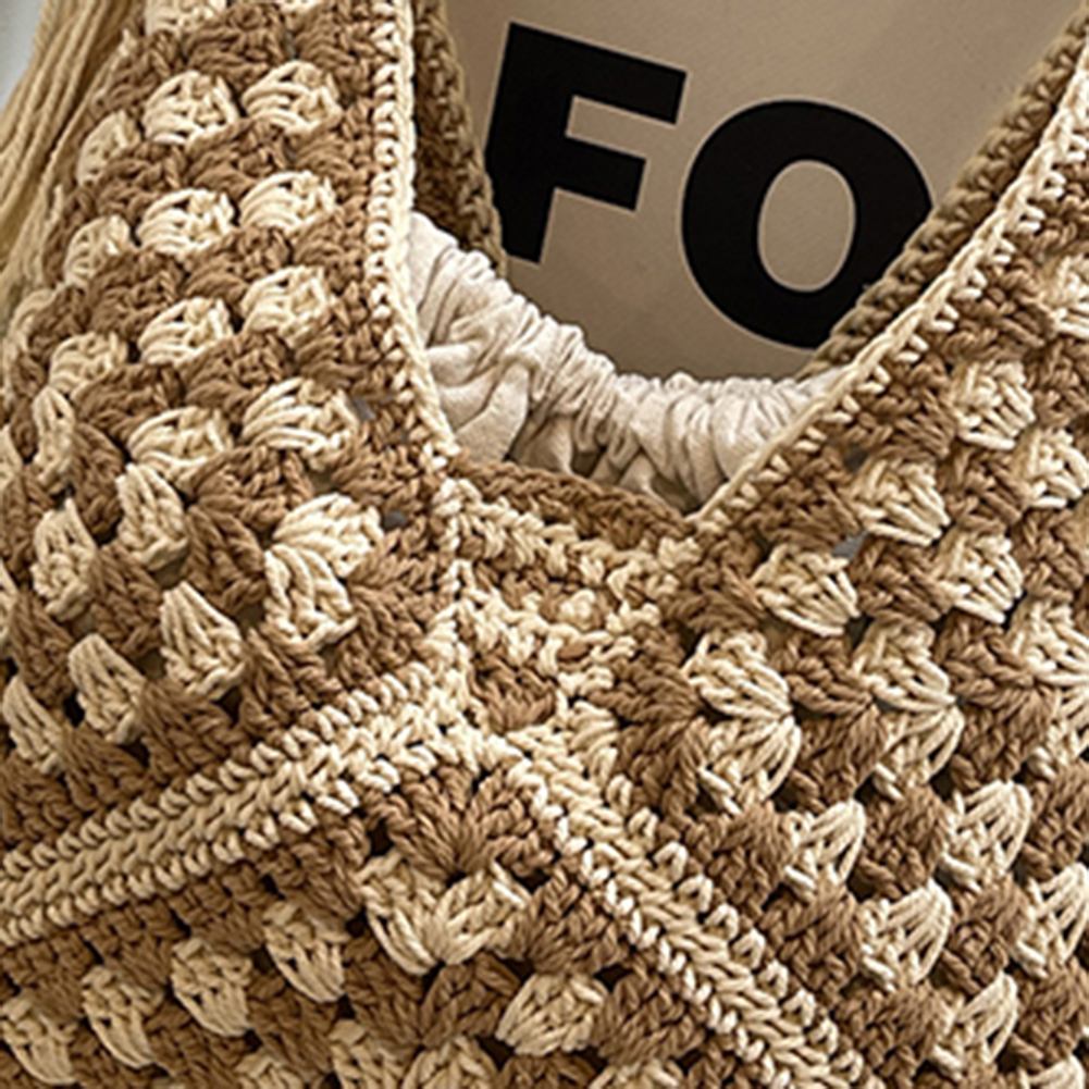 Women Weaving Shoulder Bag Large Capacity Beach Tote Bag Contrast Color Aesthetic Shoulder Bag Female Outdoor Bag