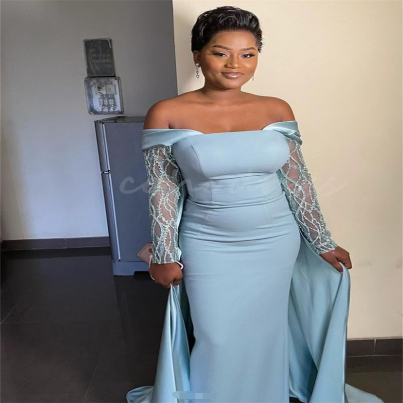 Beautiful Blue Mermaid Prom Dresses With Overskirt Train Elegant Mermaid Long Sleeve Evening Dress Black Women Arabic Dubai Party Gowns Vestio De Fies