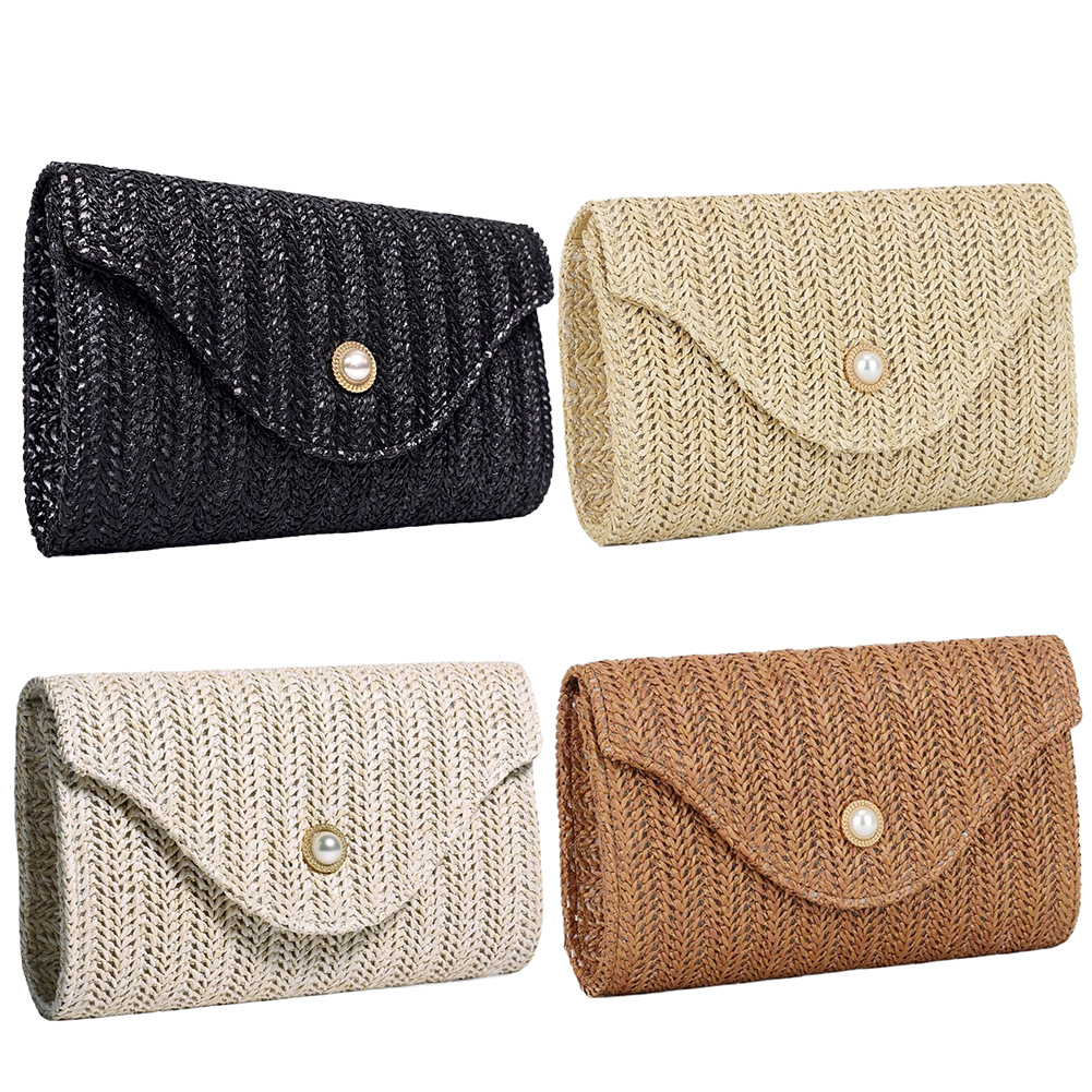 Women Straw Woven Bag Woven Envelope Shoulder Bag Chain Strap Stylish Crossbody Bag Pearl Decor Chic Hobo Bag Party Vacation Bag