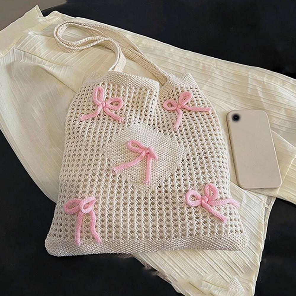 Bowknot Crochet Tote Bag Summer Beach Mesh Knitted Bag Large Aesthetic Shoulder Bag Knit Handbags Hollow Hobo Bag for Women