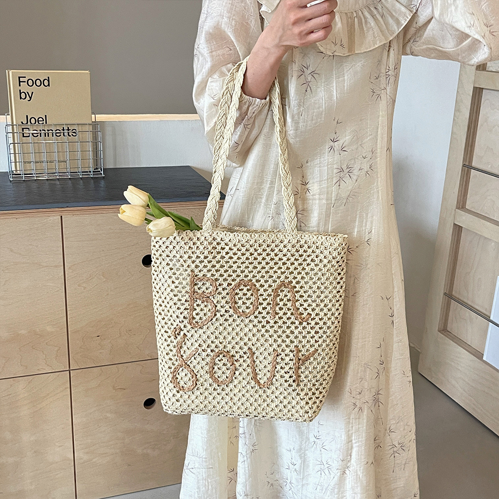 Women Letter Tote Handbag Large Capacity Hollow Out Handbag Versatile Crochet Travel Bag Female Straw Shoulder Bag