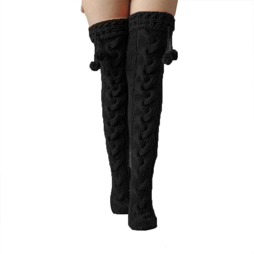 Women S Cable Knit Thigh High Soc With Fuzzy Pom Poms Cozy Over The Knee Winter Stockings Trendy Leg Warmers For Cold