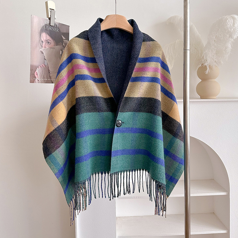 autumn and winter New plaid for women, tassel cape, double-sided shawl, multifunctional warm scarf