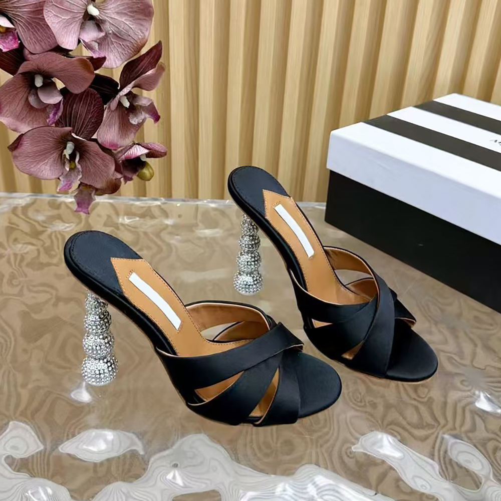 Rhinestone inlaid heel ladies slippers mules 105mm high-heeled shoes Genuine leather open toed sandals womens luxury designer slippers size (35-43)