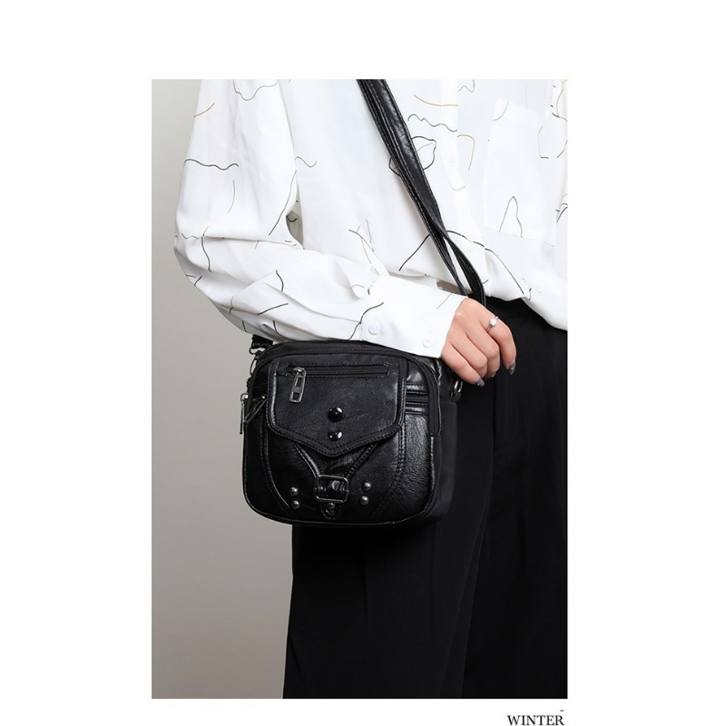 Women's Bag 2024 New Street Trend Fashion Crossbody Bag Soft Leather Shoulder Bag Washed Leather Small Square Bag