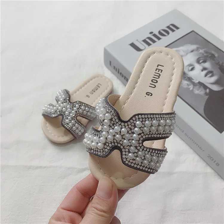 Slipper Cheap Fashion Kids Girls Slippers Summer Shoes H Pearls Crystal Princess Sandals Slippers Home Outdoor Children Girl Slides 2448