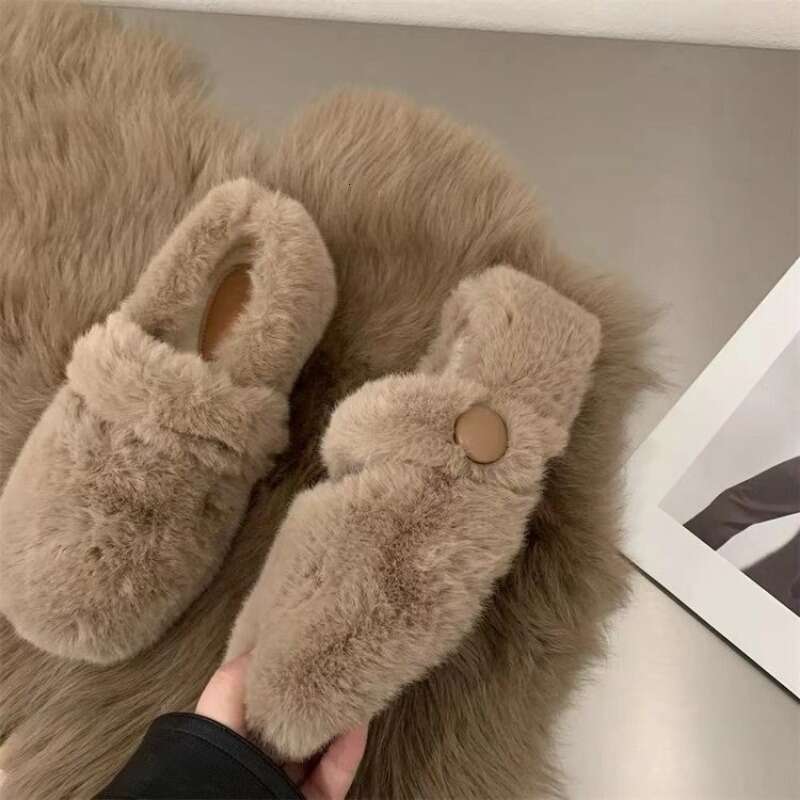 New Fashion Women's Winter Fur Flat Shoes Warm Plush Mary Jane Casual Ballet Shoes Outdoor Round Toe Shallow Footwear