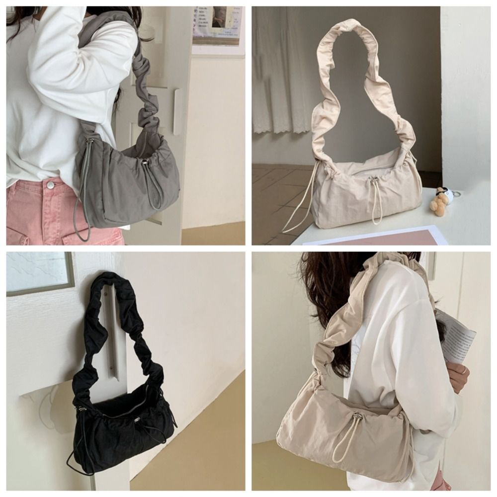 Vintage Drawstring Pleated Shoulder Bag Y2K Solid Color Cloud Crossbody Bag Balletcore Dumpling Bag Nylon Underarm Bag Girls