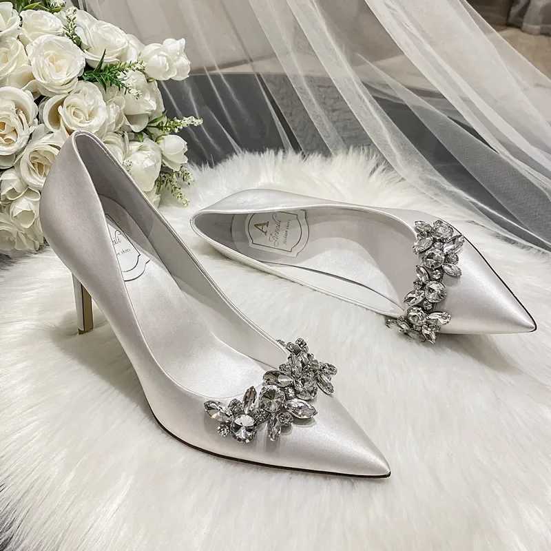 New white champagne bridal wedding shoes synthetic silk satin Rhine crystal shallow pump fine high heels Y250319