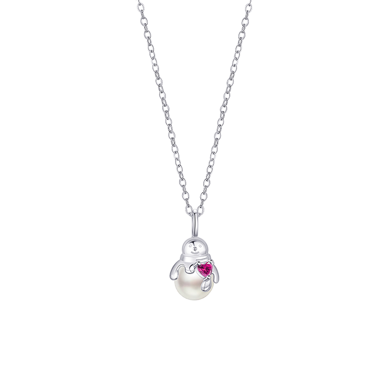 Christmas Inspired Heart Pearl Snowman Pendant Necklace - Unique Design for Women
