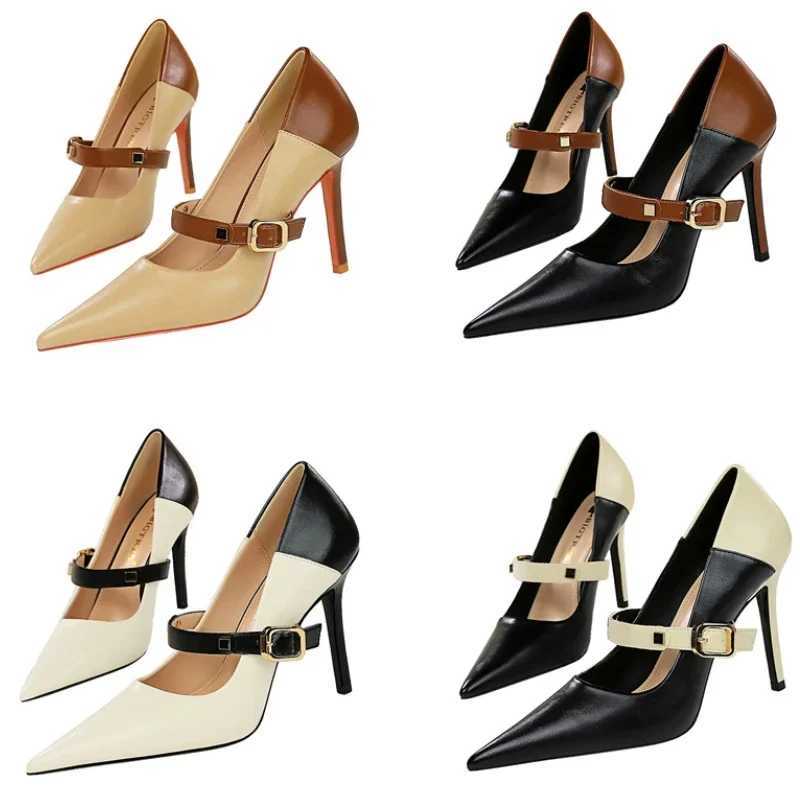 Womens 10cm High H Mixed Pahwork Dark Brown Pumps Lady New Leather Strappy Buckle Thin H Pointed Toe Shoes Y250319