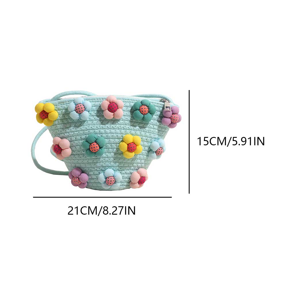Sweet Flower Woven Bucket Bag Fashion Beach Bag Summer Shoulder Bag with Zipper for Women and Girls