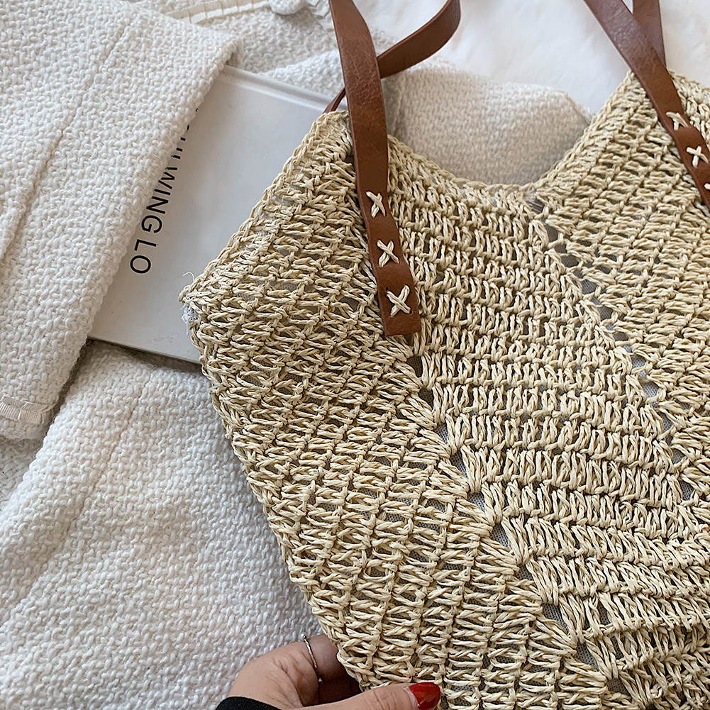 Vintage Woven Women Summer Hollow Shoulder Shopping Bag Large Capacity Handbags