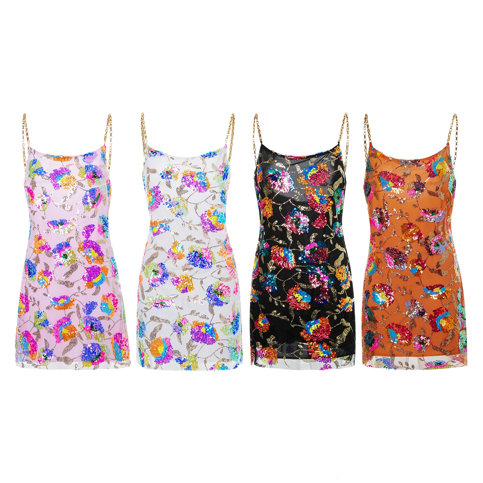 High Quality Ladies Inlaid Sequins Halter Backless Dress Sleeveless Chain Sling Dress Pink White Black Orange 240408