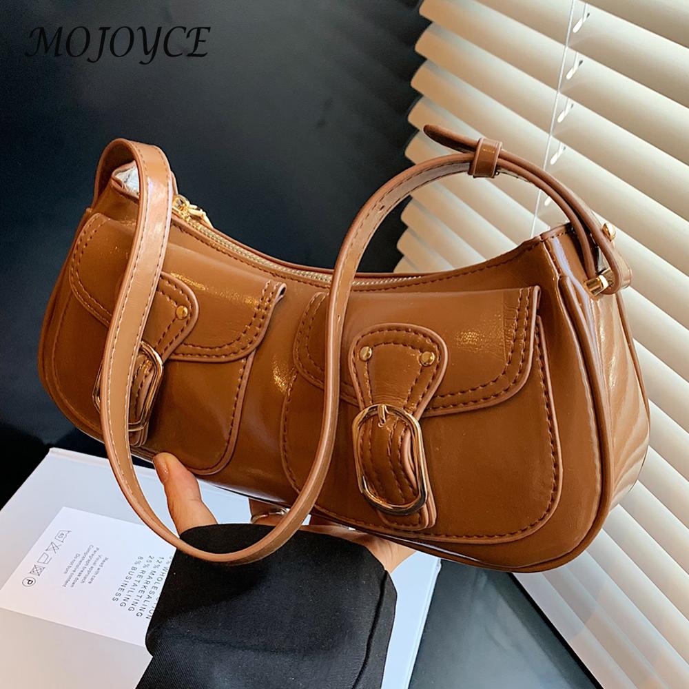 Women Double Pockets Shoulder Bag PU Leather Fashion Crossbody Bag Adjustable Strap Small Pocket Underarm Bag Ladies Daily Bag