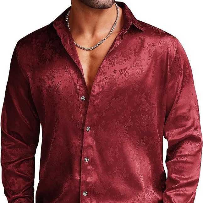 Men's silk satin dress shirt Jacquard Long sleeve floral button up shirt Party Ball Wedding shirt Q241107