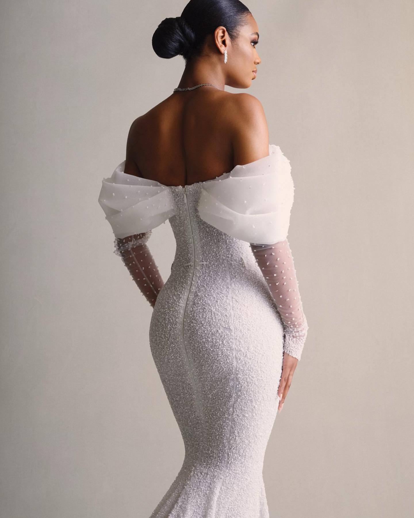 Beaded Mermaid Wedding Dress with Off-Shoulder Sleeves & Sweep Train - 2025 Bridal Gown