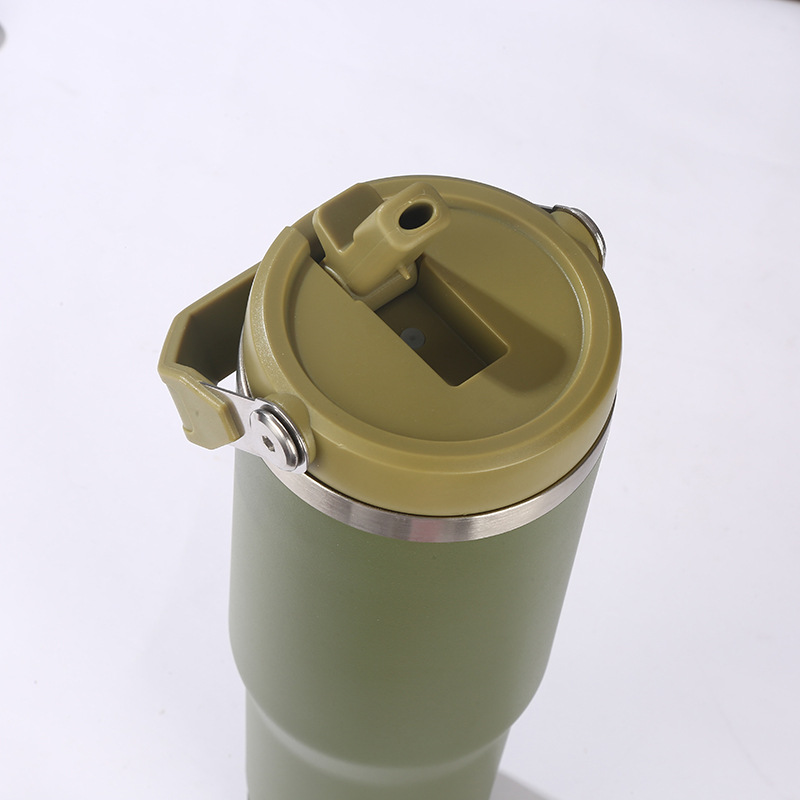 Portable colored Powder Coated 30oz Speaker Flip Straw Travel Mug Durable BPA Free Stainless Steel Sports Cup with Carry Handle
