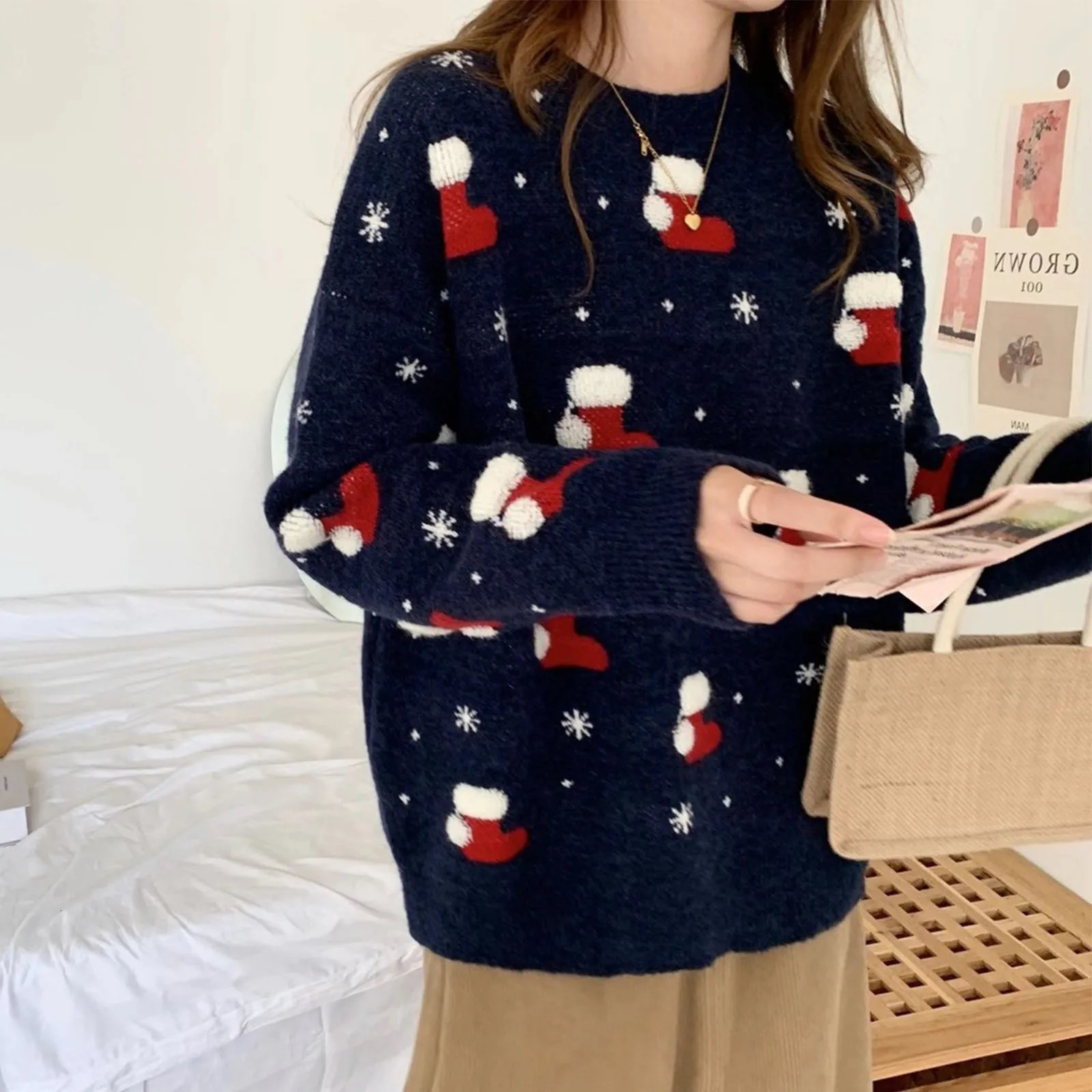 Autumn Winter Women Sweater Christmas Socks Patterns Knitted Tops Pullover Sweaters Xmas Knitwear Jumpers 241108