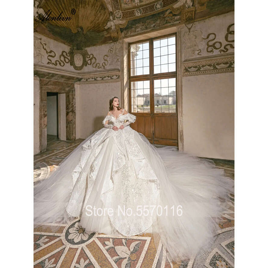 Alonlivn Bg Pearls Lace Tulle V-Neck Ball Wedding Dresses Tiered Cathedral Train Full Sleeves Princess Bride Gown