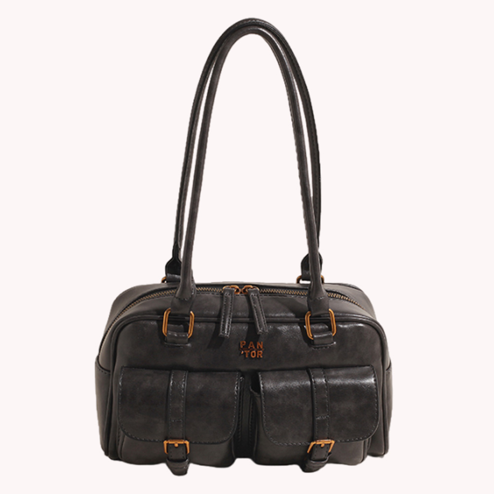 Boston Tote Bag for Women with Multi-Pockets Handbag PU Leather Vintage Solid Clutch Purse for Travel Work