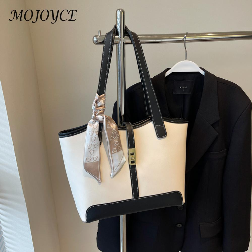 Women PU Fashion Shoulder Large Capacity Contrast Color with Ribbon Patchwork Tote Outdoor Travel Bag