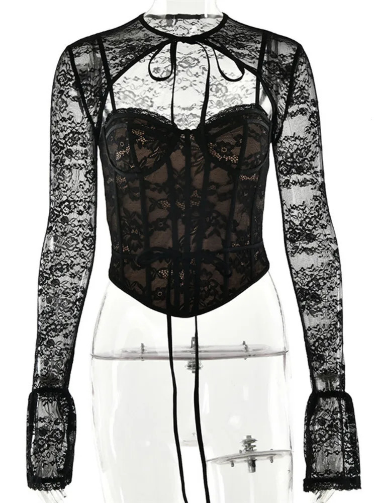 Mozision Black Lace Sexy Mini Shirts Tops Women Elegant Hollow Out Sheer Flare Long Sleeve Slim Club Party Clubwear 241108