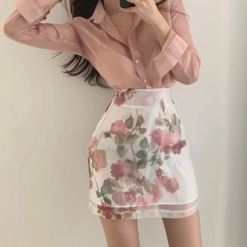 Korea Chic Elegant Women 2 Piece Sets Sexy Seethrough Longsleeved ShirtHigh Waist Aline Floral Print Skirt 2pc OL Suits 240403