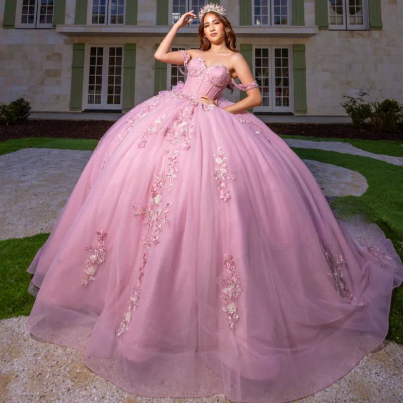 Pink Shiny Ball Gown Quinceanera Dresses Off The Shoulder Appliques Lace Beading Crystal Tull Sweet 16 Dress Vestido De 15 Anos
