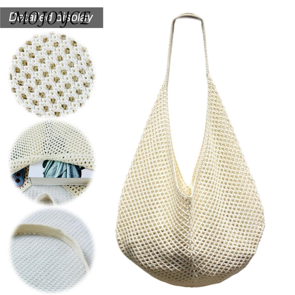 Women Crochet Tote Bag Mesh Shoulder Bag Solid Knit Bag Large Capacity Handbag for Vacation Travel Shopping