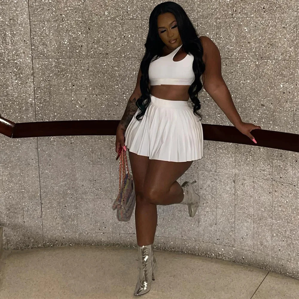 Trend Women Mini Skirt Set Solid Color Slim Fit Sexy Sport Wear Ladies Crop Tank Top Tennis 2 Piece Outfits Suit 240401