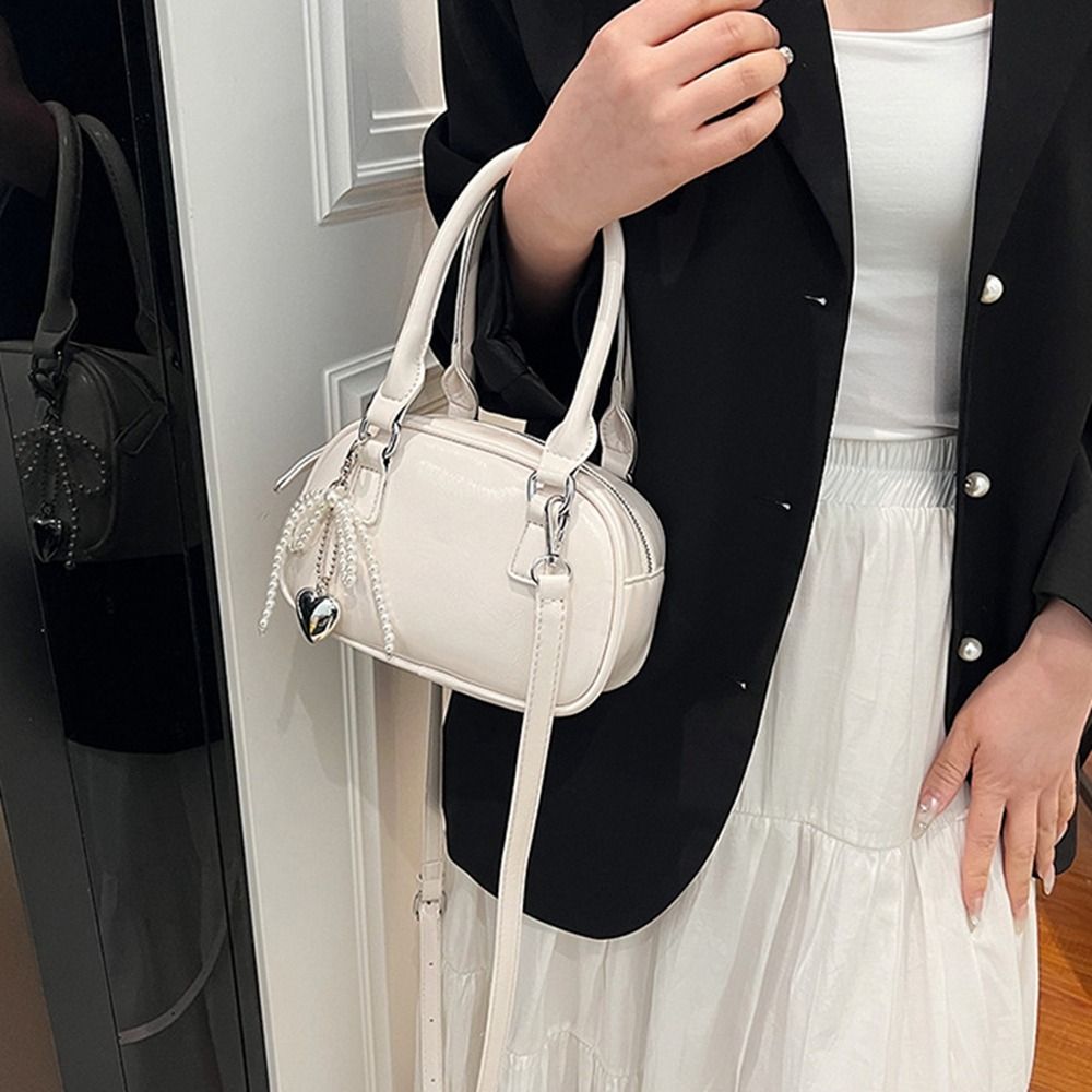 Fashion PU Leather PU Bowling Bag With Pendant Shoulder Bag Silver Handbag Large Capacity Solid Color Boston Bag Shopping