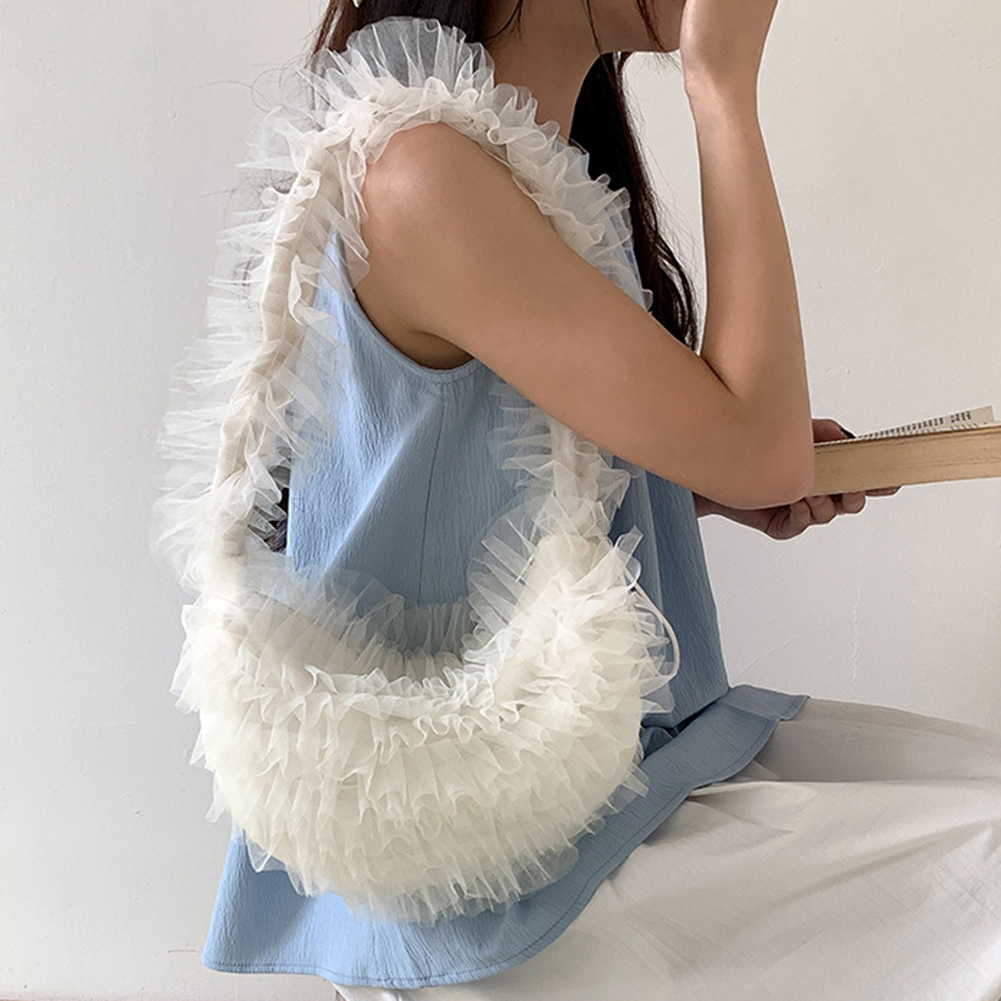 Women Sweet Y2k Lace Pleated Handbag Solid Color Chic Yarn Shoulder Bag Large Capacity Fashion Underarm Bag for Party Wedding