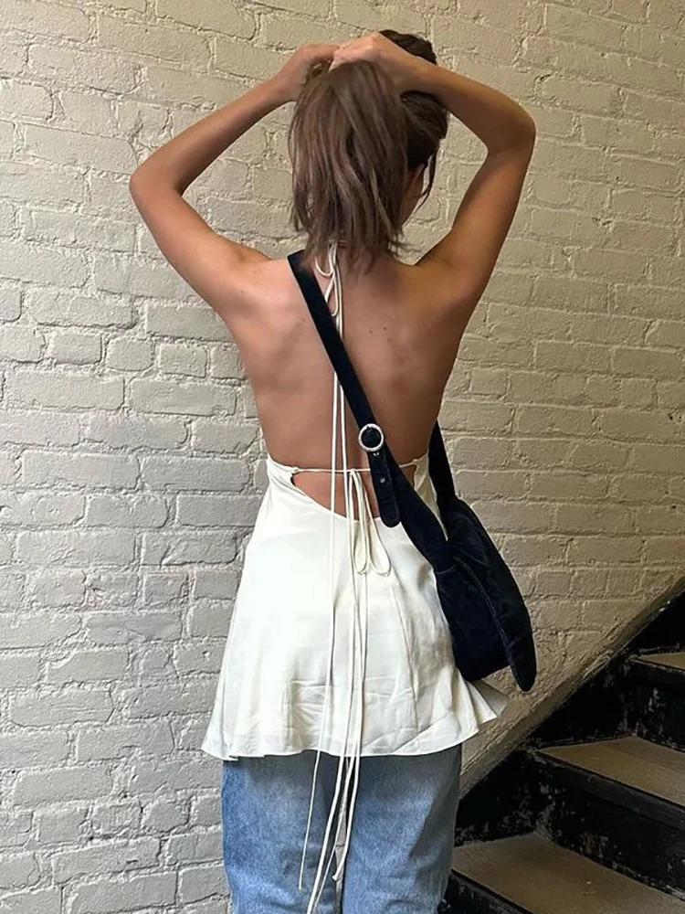 Absobe Halter Mid Length Open Back Tank Top Women Camis Lace Up V-Neck Patchwork Strapless Vest tie Y2K Casual Streetwear 240327
