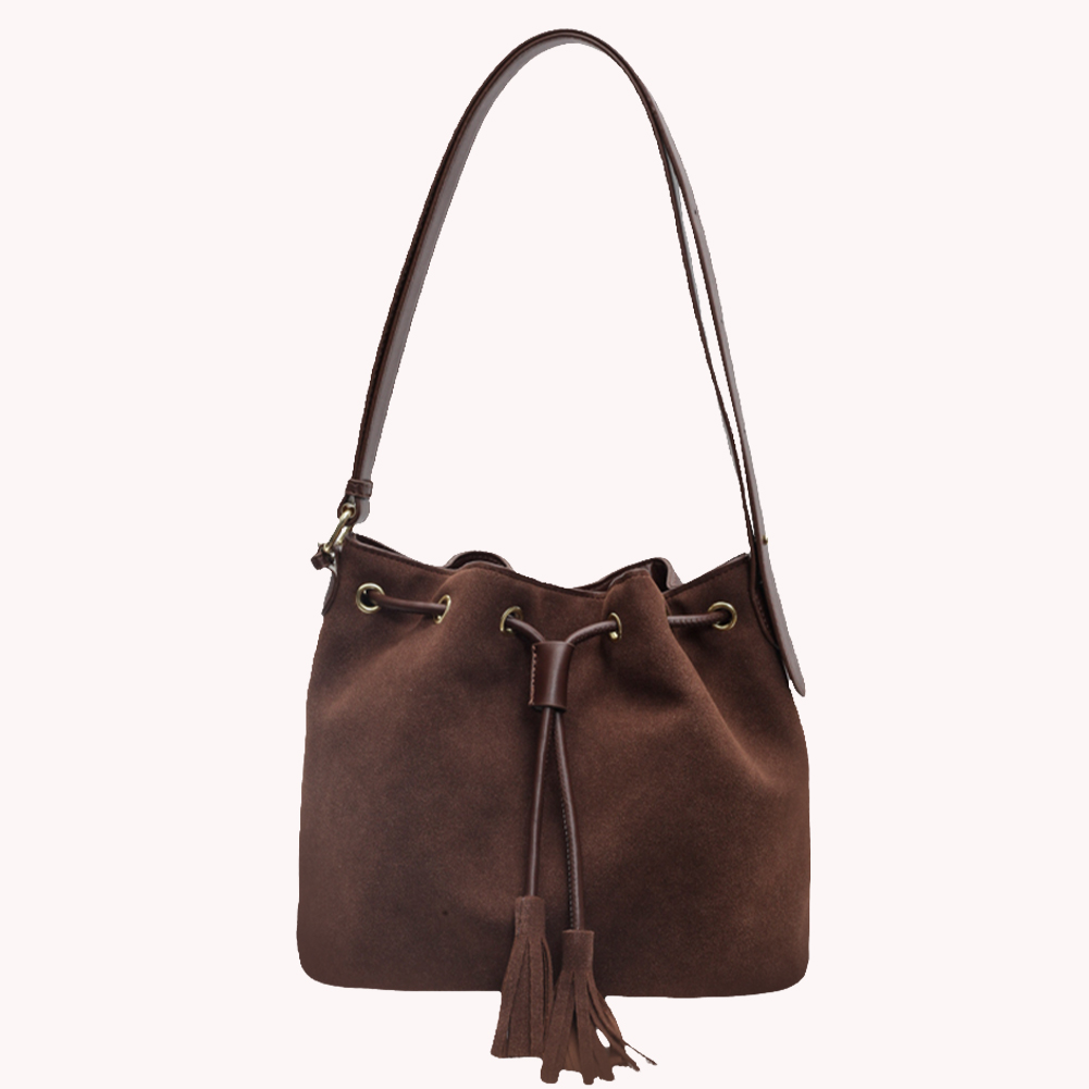 Women Suede Shoulder Bag Adjustable Strap Retro Handbag with Tassel Bucket Bag Solid Color for Work Travel