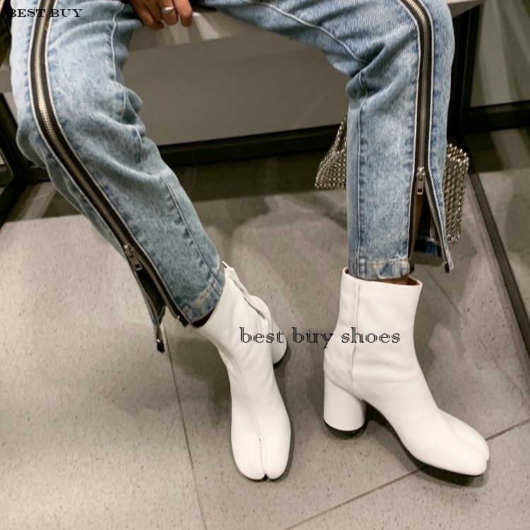 2024 Brand Design Tabi Split Toe Chunky High Heel Boots Leather Atos Mujer Fashion Autumn Women Men Shoes Botas