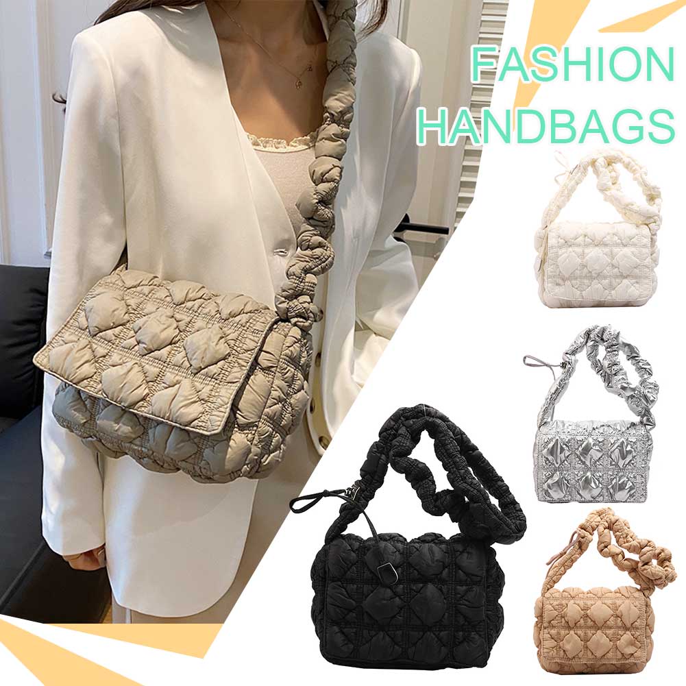 Women Quilted Shoulder Bag Solid Color Puffer Tote Handbag Large Capacity Padded Crossbody Bag Female Leisure Handbag
