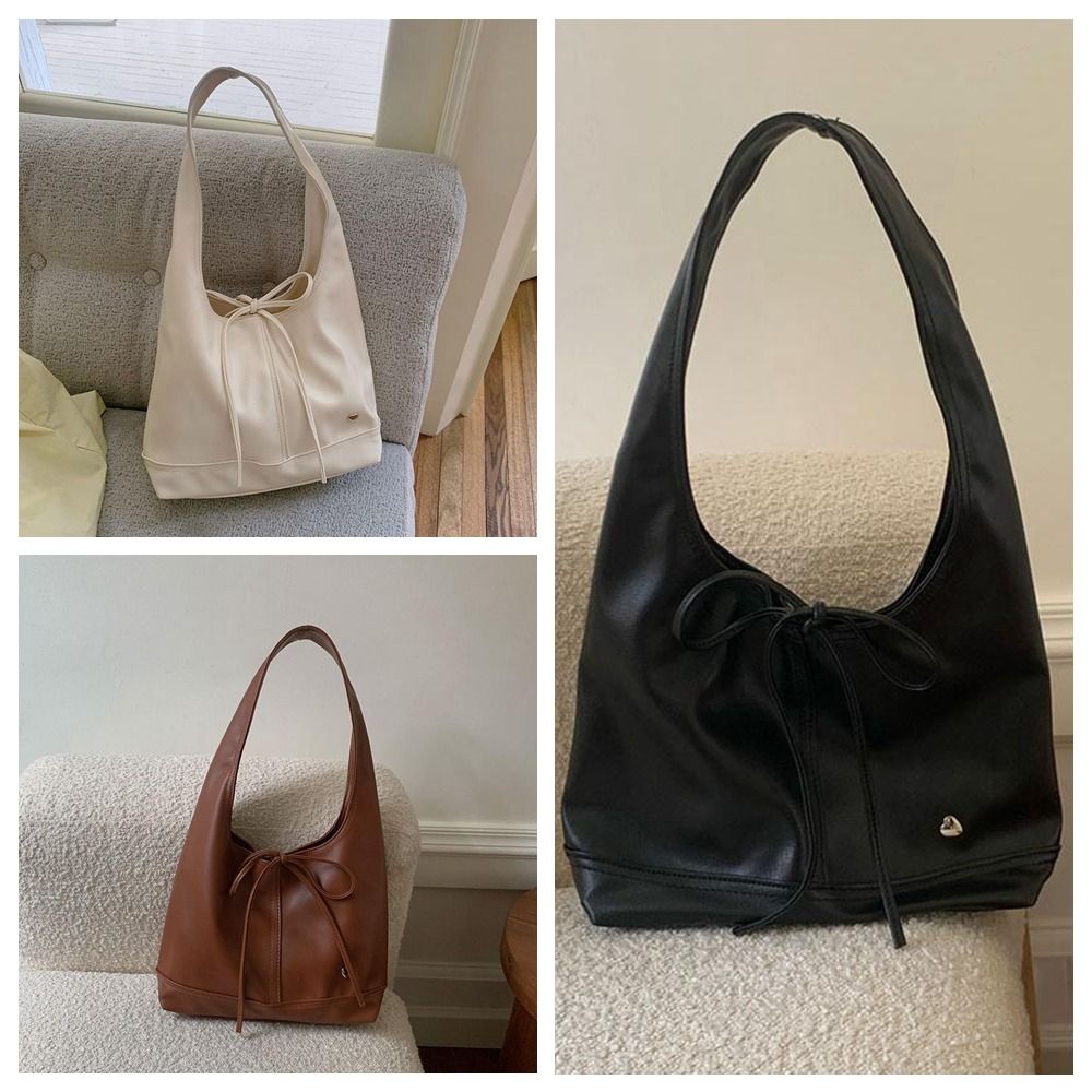 Casual Korean Style Soft Pu Leather Tote Bag Bowknot Pure Color Bow Tie Shoulder Bag Lightweight All-match Underarm Bag Women