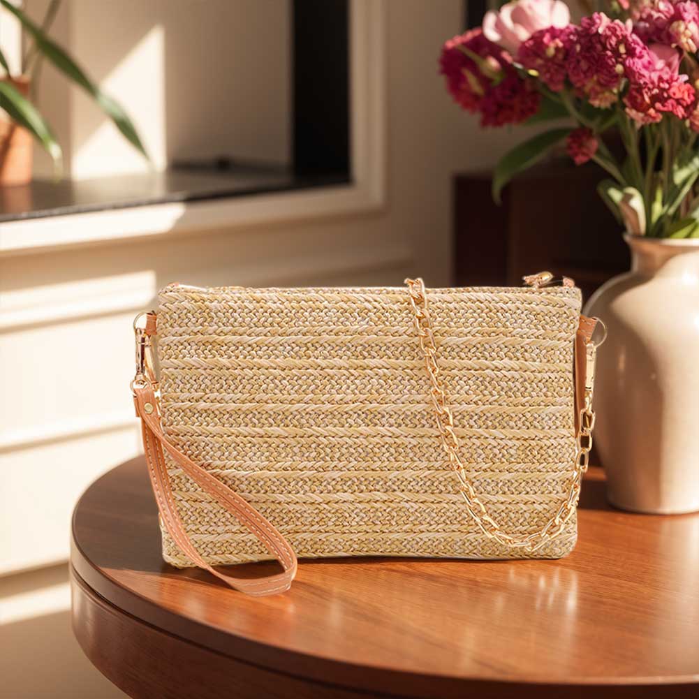 Summer Woven Wristlet Wallets with Chain Strap Wristlet Strap Fashion Handbag Messenger Bag Crossbody Bag for Women