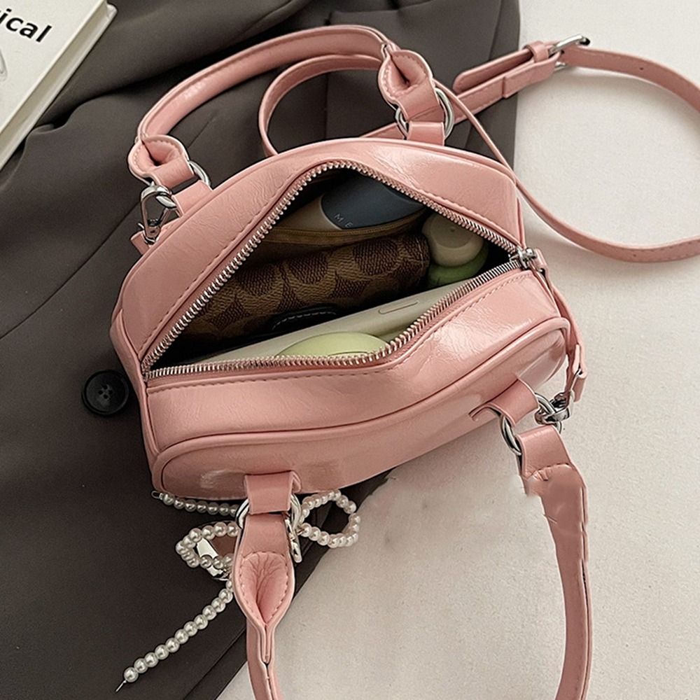 Fashion PU Leather PU Bowling Bag With Pendant Shoulder Bag Silver Handbag Large Capacity Solid Color Boston Bag Shopping